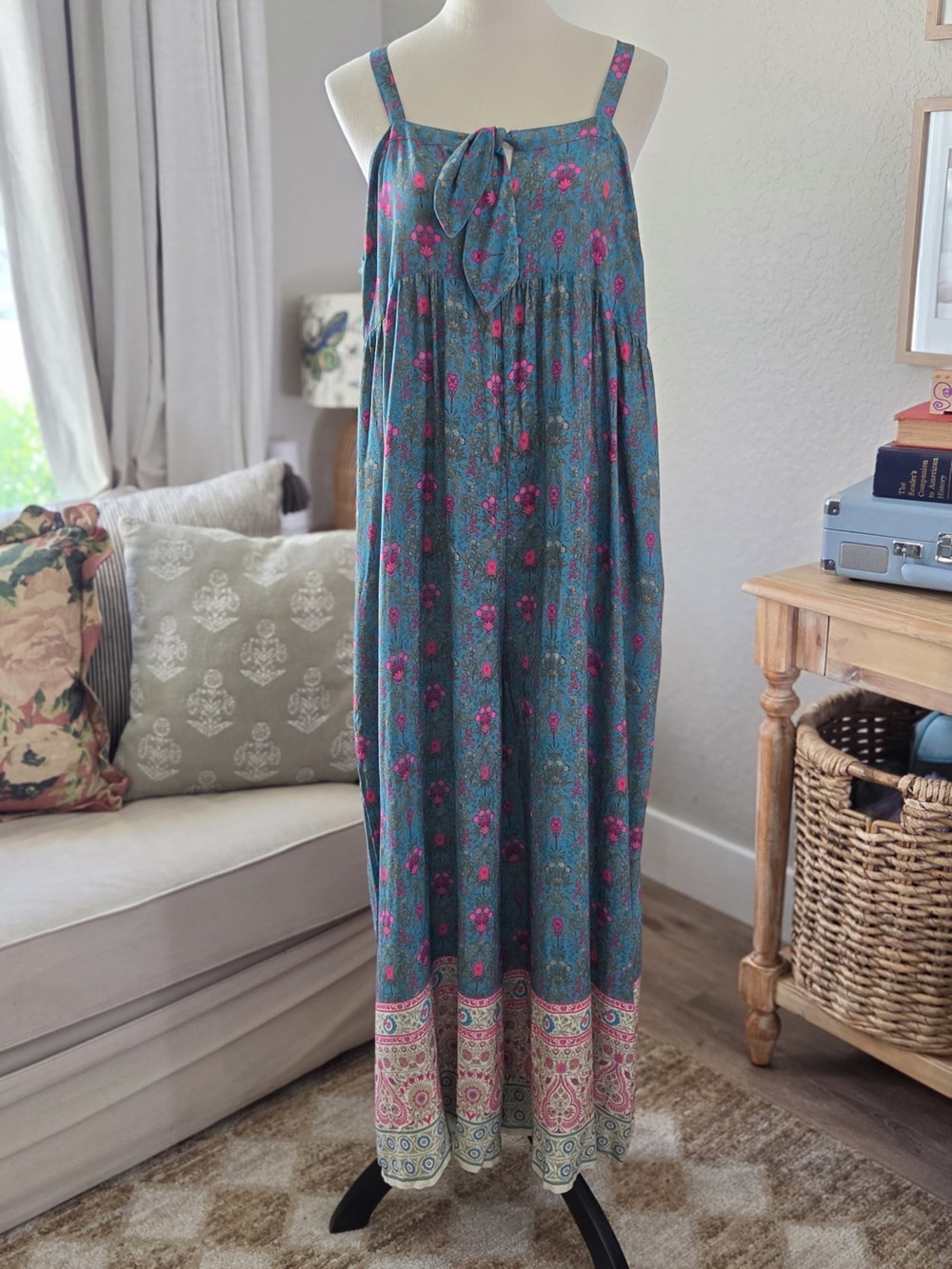 NATURAL LIFE Teal Floral Maxi Jumpsuit with Pink Accents